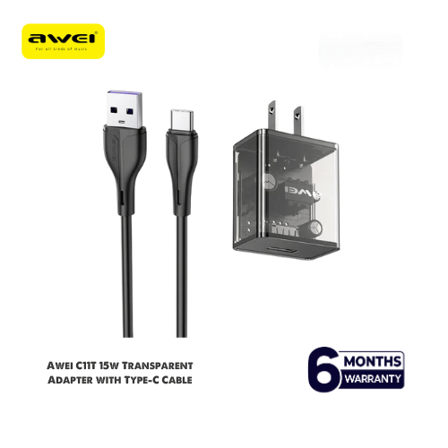Awei C11T Fast Charging Type-C Adapter Transparent Wall Charger with 1M Type-C Data Transfer Cable