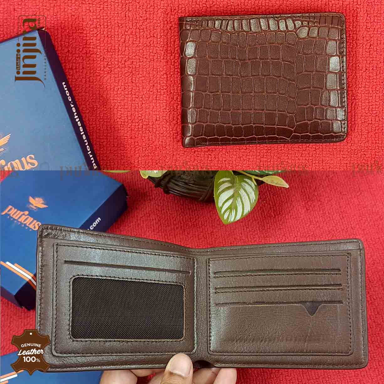 PURIOUS Handcrafted Crocodile Embossed Premium Leather Bifold Short Wallet